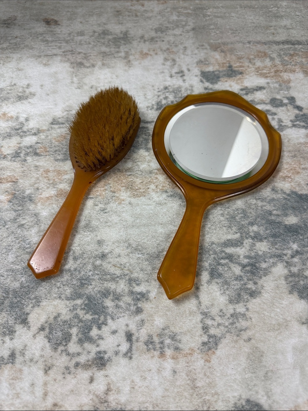 Vintage Amber Brown Plastic Hand Mirror and Hairbrush Vanity Set